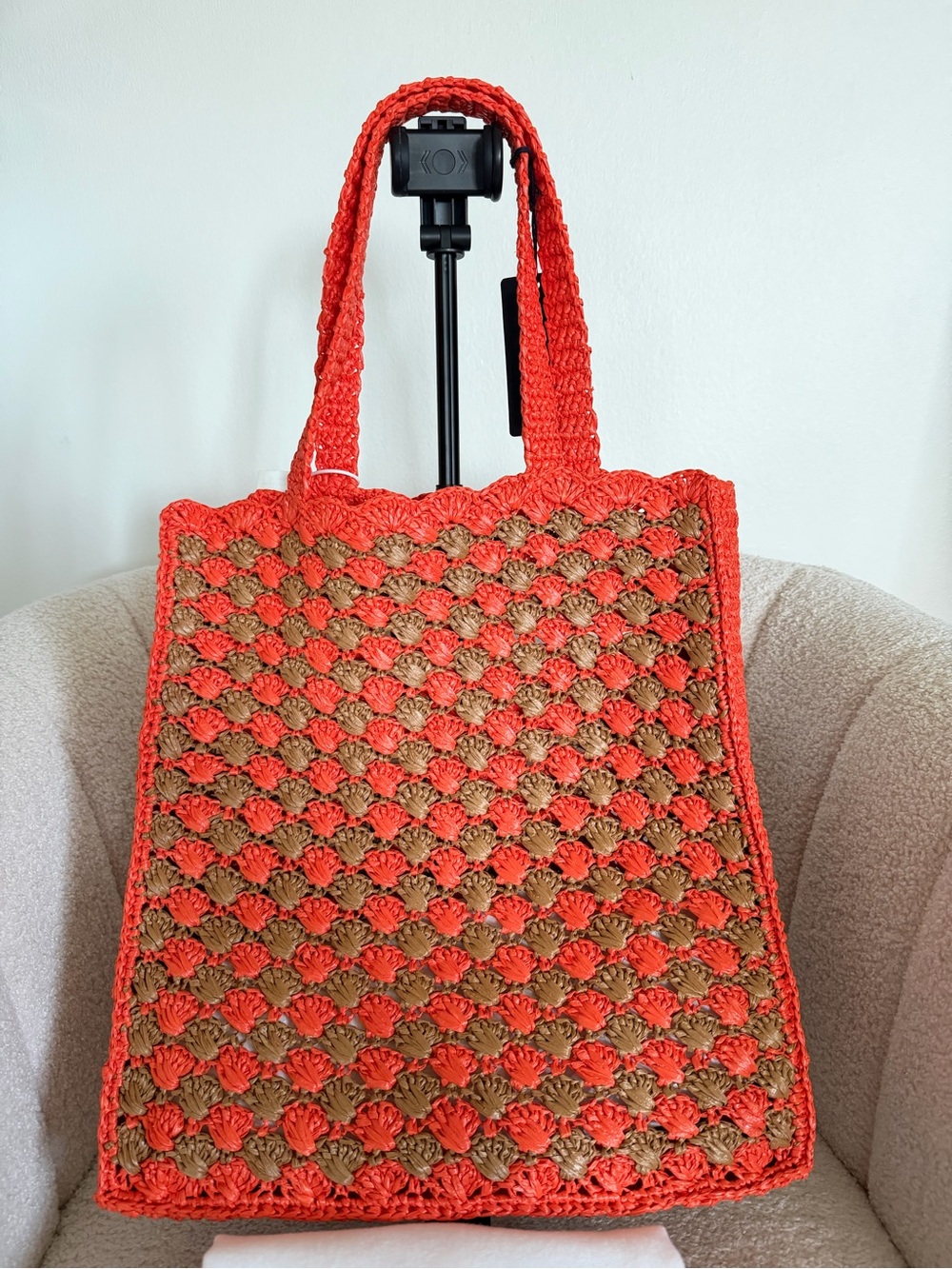 Prada Large Raffia Crochet Tote Bag Orange Brown Shopping Bag NWT - Picture 12 of 14